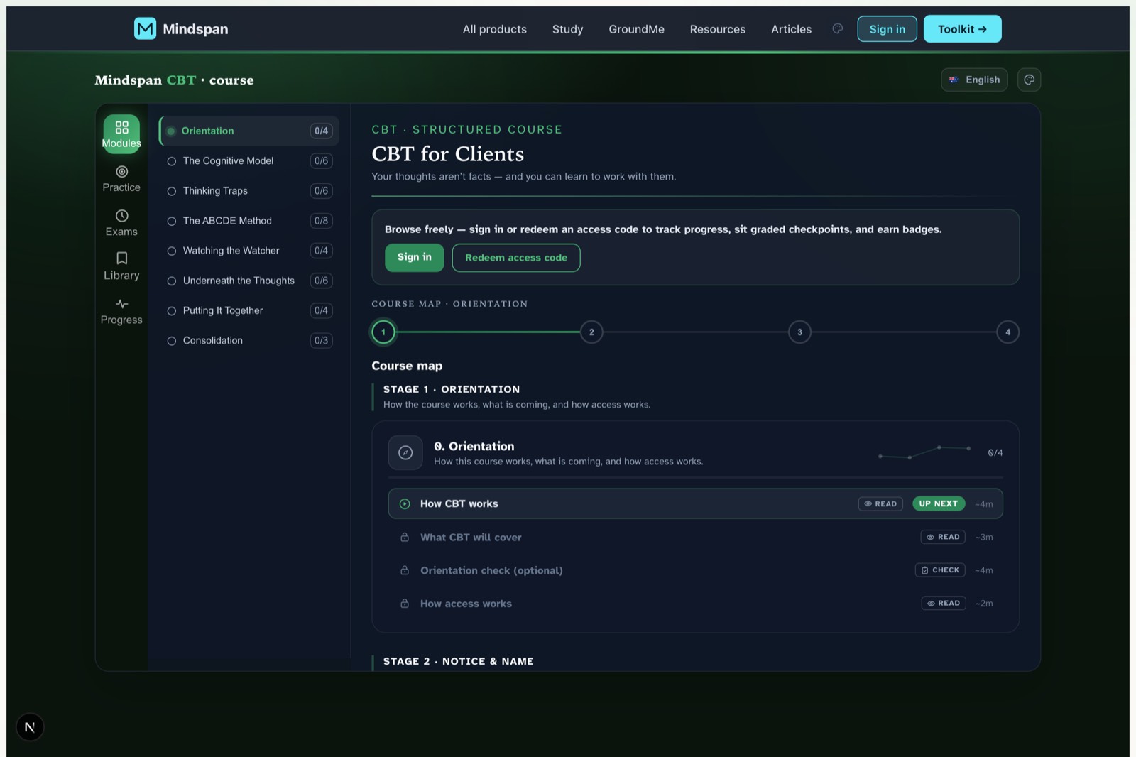 CBT for Clients — Course dashboard