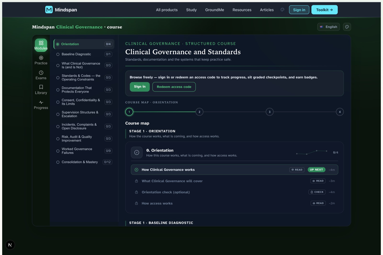 Clinical Governance and Standards — Course dashboard