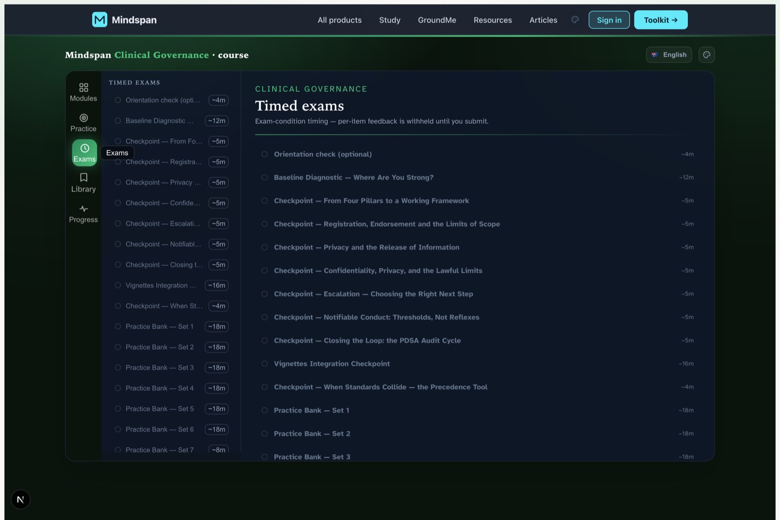 Clinical Governance and Standards — Timed exams