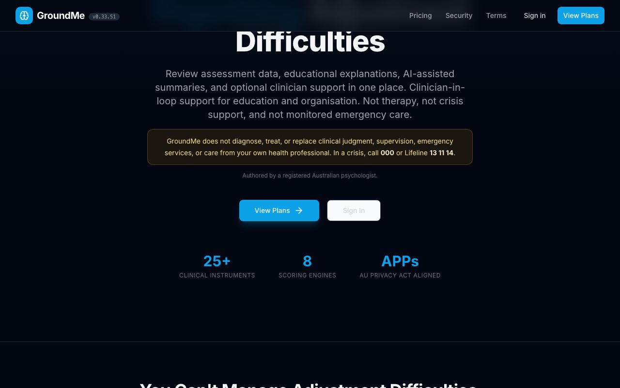 GroundMe — Assessment data, educational explanations, AI-assisted summaries — with the safety boundary stated plainly.