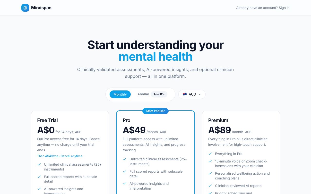 GroundMe — Plans stated plainly — 14-day free trial, then Pro or Premium with optional clinician support.