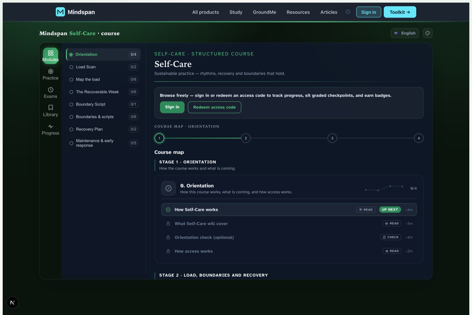 Self-Care — Course dashboard