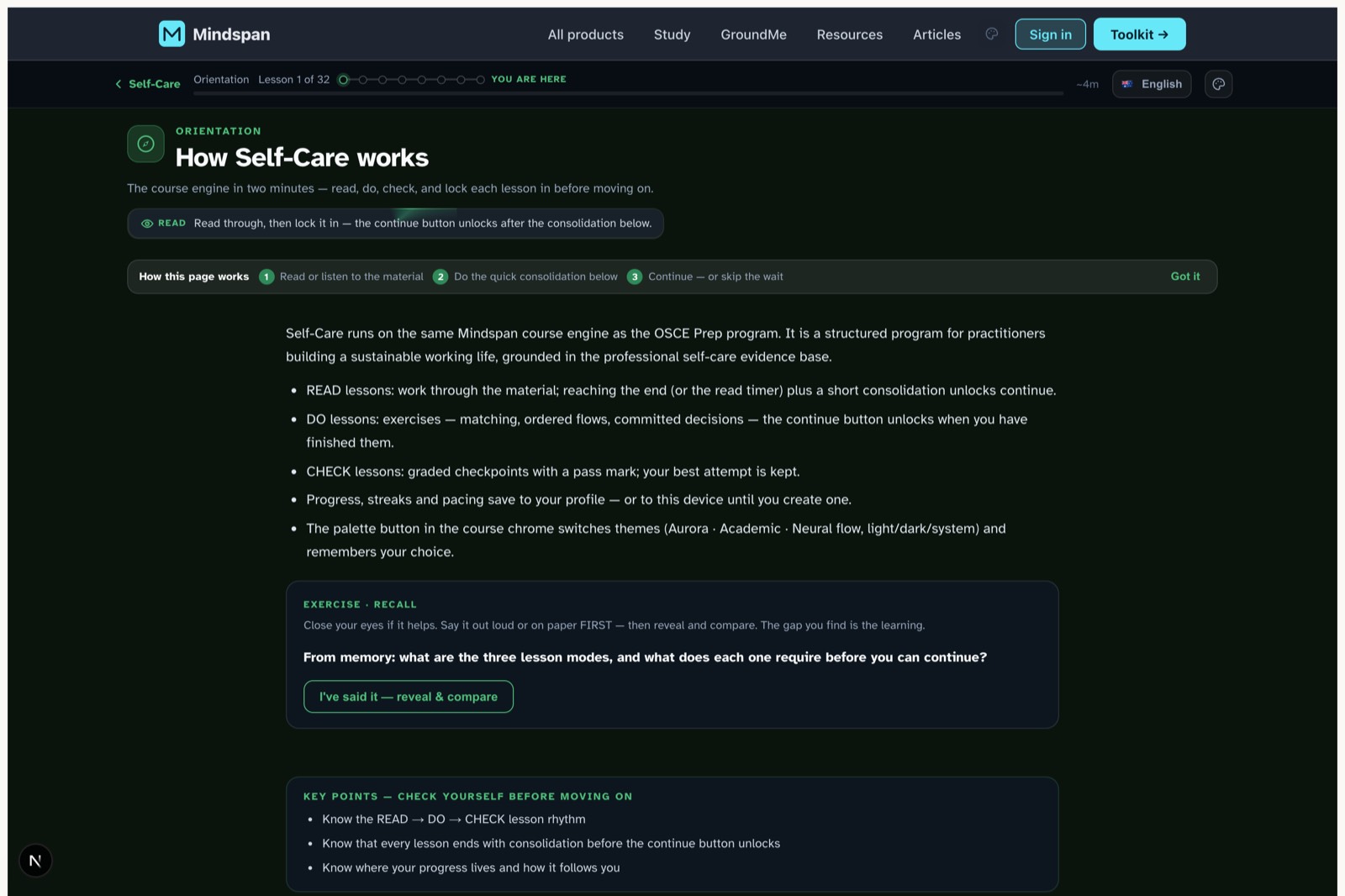 Self-Care — Lesson player